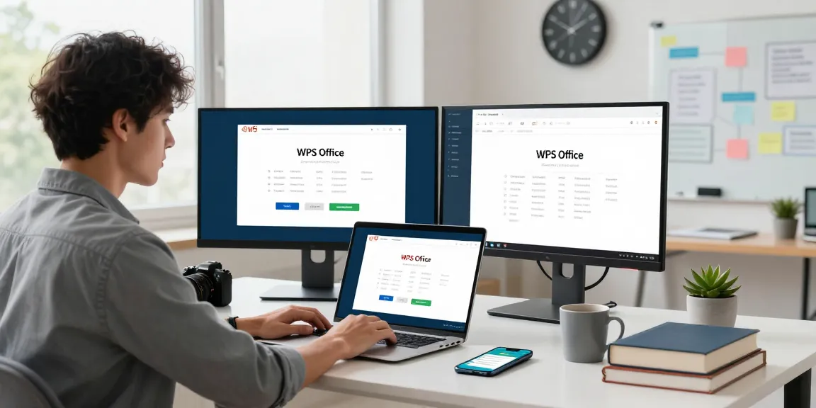 WPS Download in modern office setup highlighting productivity tools on screens and workspace.
