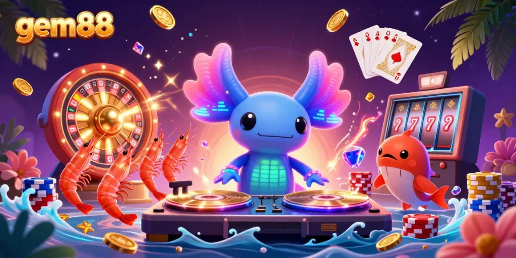 Join the fun at gem88 with a neon axolotl DJ, vibrant shrimp dancers, and a festive casino atmosphere.