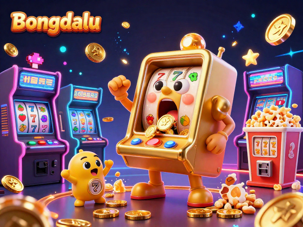 Bongdalu's exciting jackpot scene with cartoon slot machines and arcade game elements in vibrant detail.