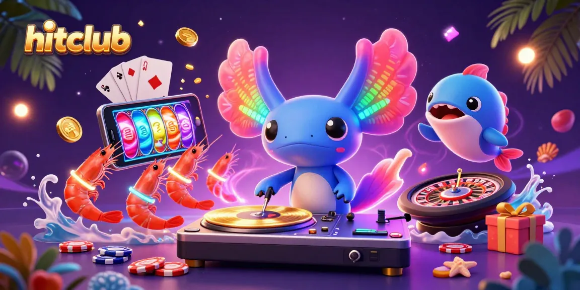 Hitclub presents vibrant casino action with a neon axolotl DJ and lively gaming elements.