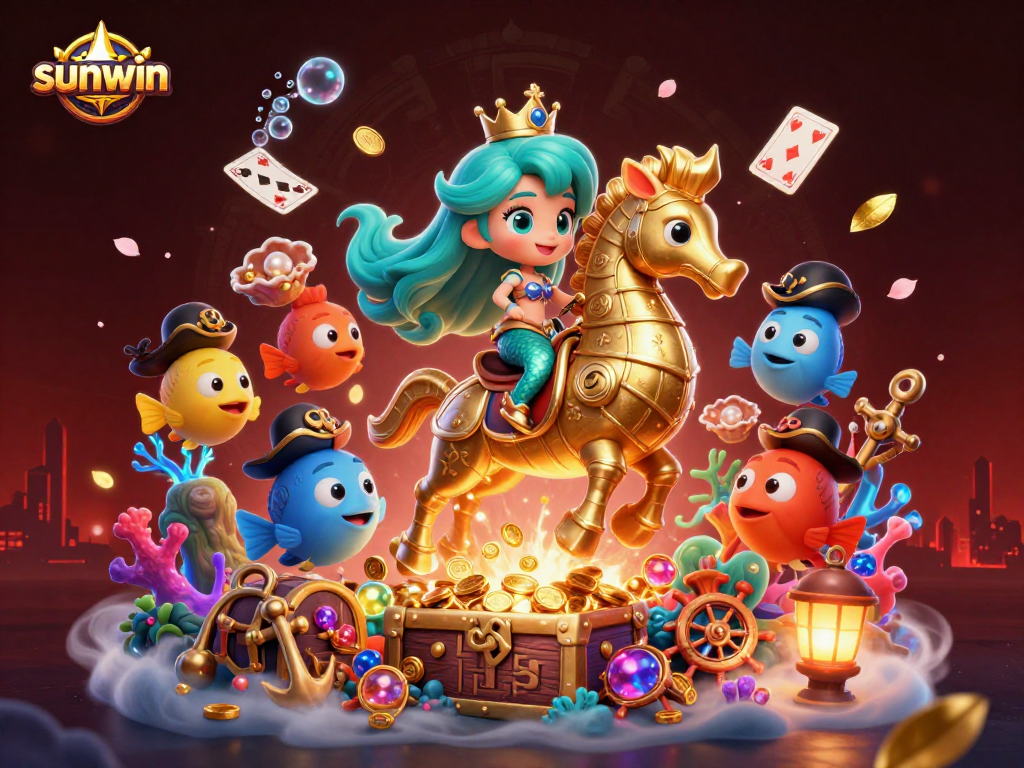 Engage in the thrill of sunwin as a mermaid princess rides a seahorse in a vibrant casino world.