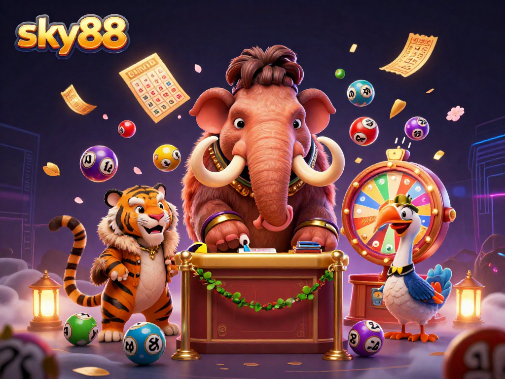 Experience the excitement of sky88 with vibrant casino imagery featuring unique characters and dynamic elements.