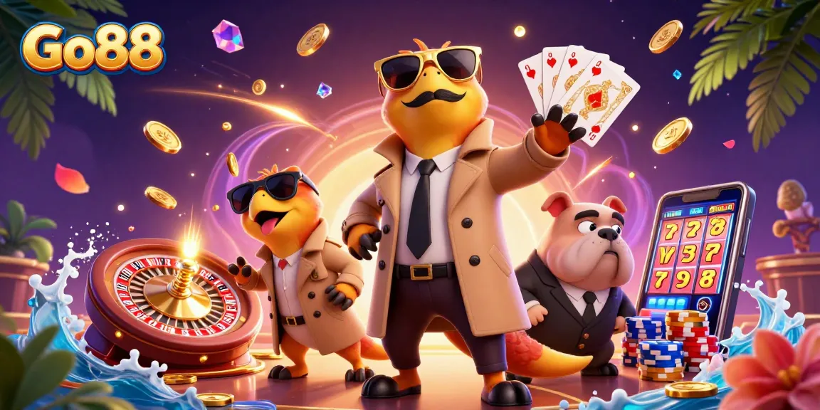 Experience thrilling adventures at Go88 with a playful trio of raptors entering a VIP casino lounge.