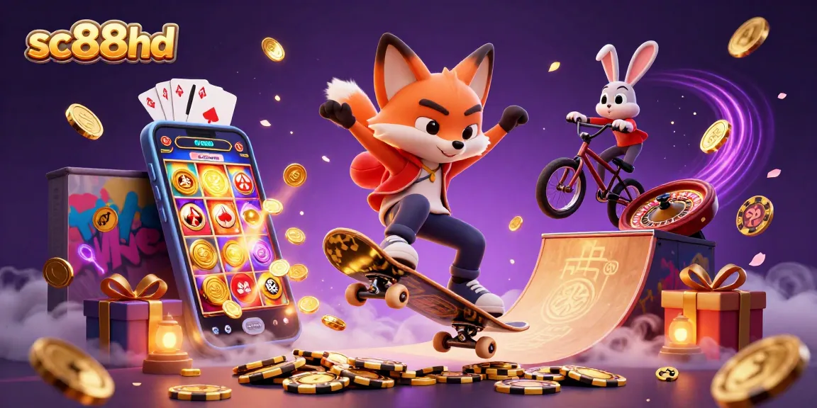 Engage with the world of sc88hd featuring a dynamic skateboard fox and BMX rabbit in a vibrant casino-themed 3D scene.
