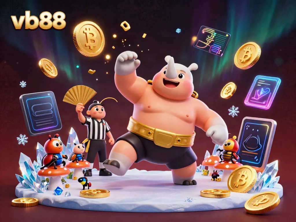 Experience thrilling gameplay with vb88 featuring a beetle sumo champion amid flying coins and vibrant crypto elements.