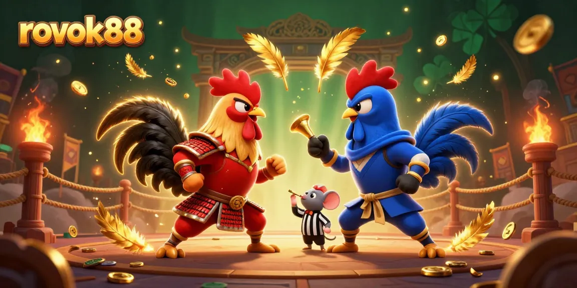 Engage in thrilling action with rokok88's vibrant 3D rooster duel in a dramatic gambling arena.