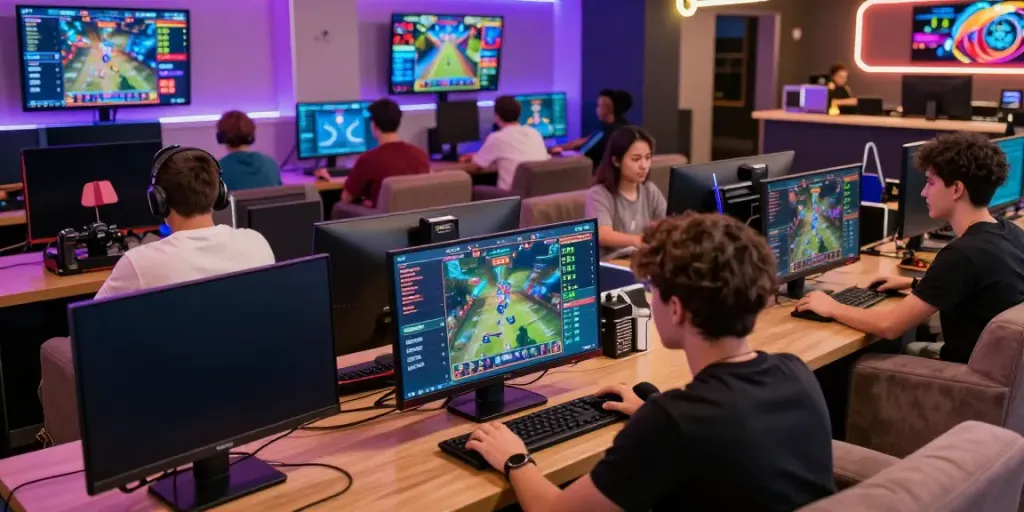 Dynamic online gaming atmosphere showcasing players at https://playsv88.net/ with vibrant screens and lively decor.
