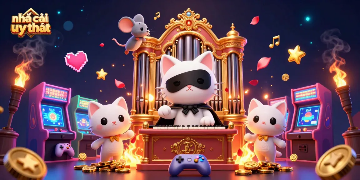Engage with nhà cái uy tín in this vibrant casino scene featuring a dynamic cat, mouse acrobat, and colorful gaming elements.