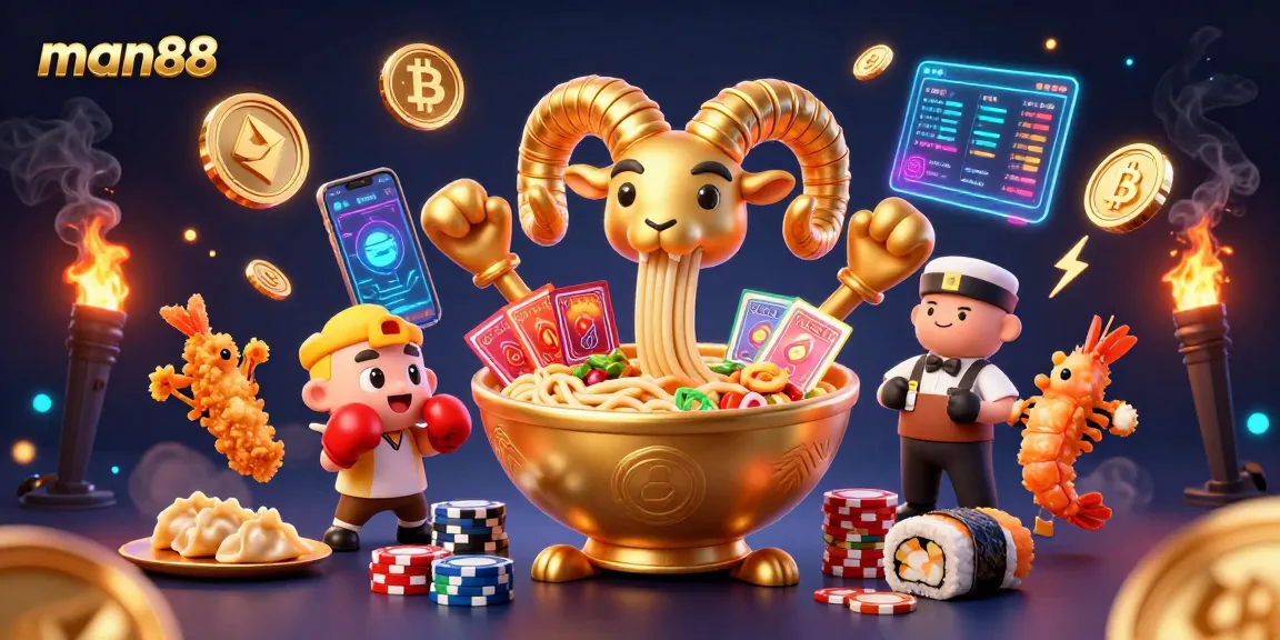 Experience the vibrant energy of man88 with a golden ramen bowl dealer and crypto elements in action.