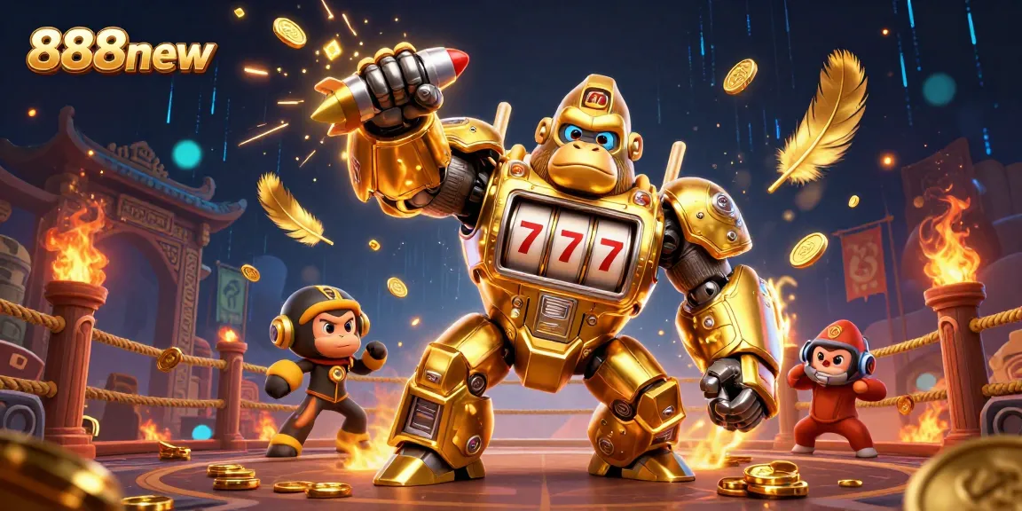Experience thrilling wins at 888new with a powerful gorilla mech in a vibrant casino scene.