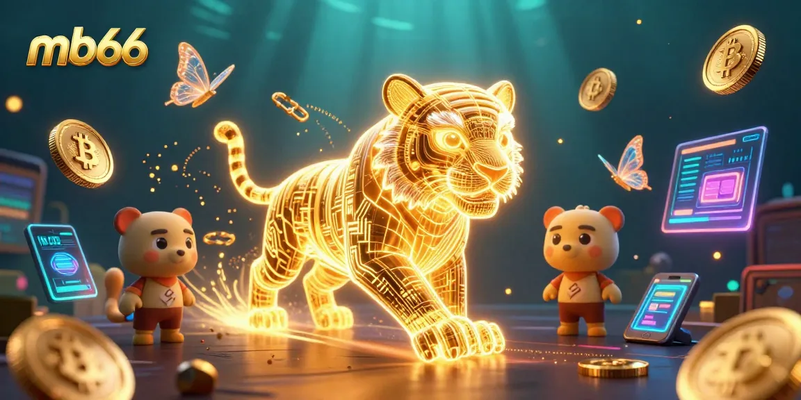 Experience the excitement of mb66 online gaming with a lively digital casino scene featuring a golden tiger and cryptocurrency elements.