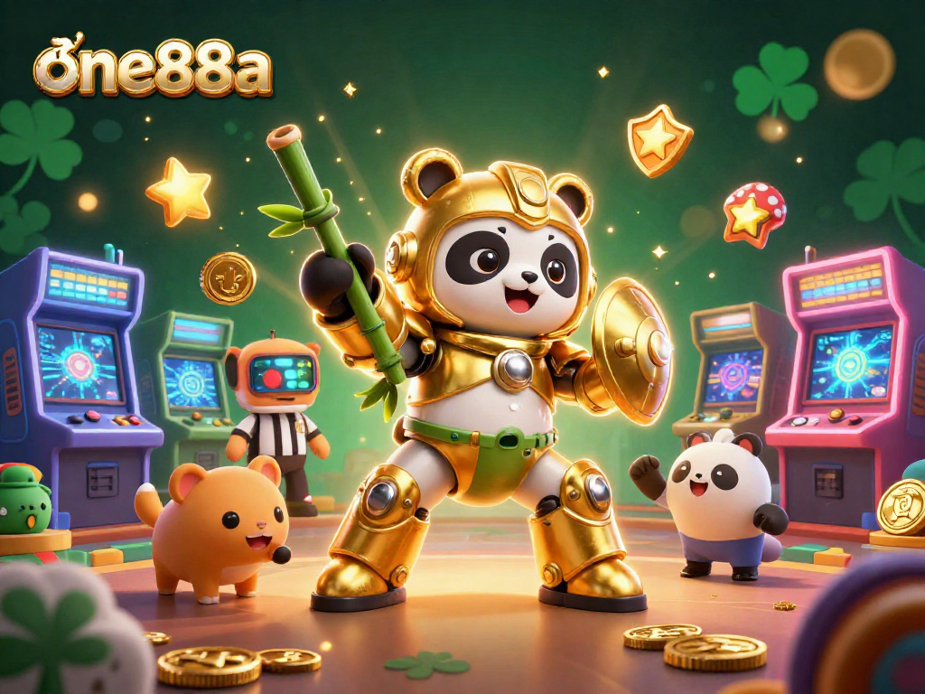 Experience excitement at one888a with an engaging 3D casino-themed illustration featuring a golden panda and game elements.