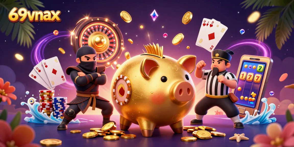 Witness the excitement at 69vnax with a dynamic 3D casino scene featuring a golden piggy bank sumo wrestler.
