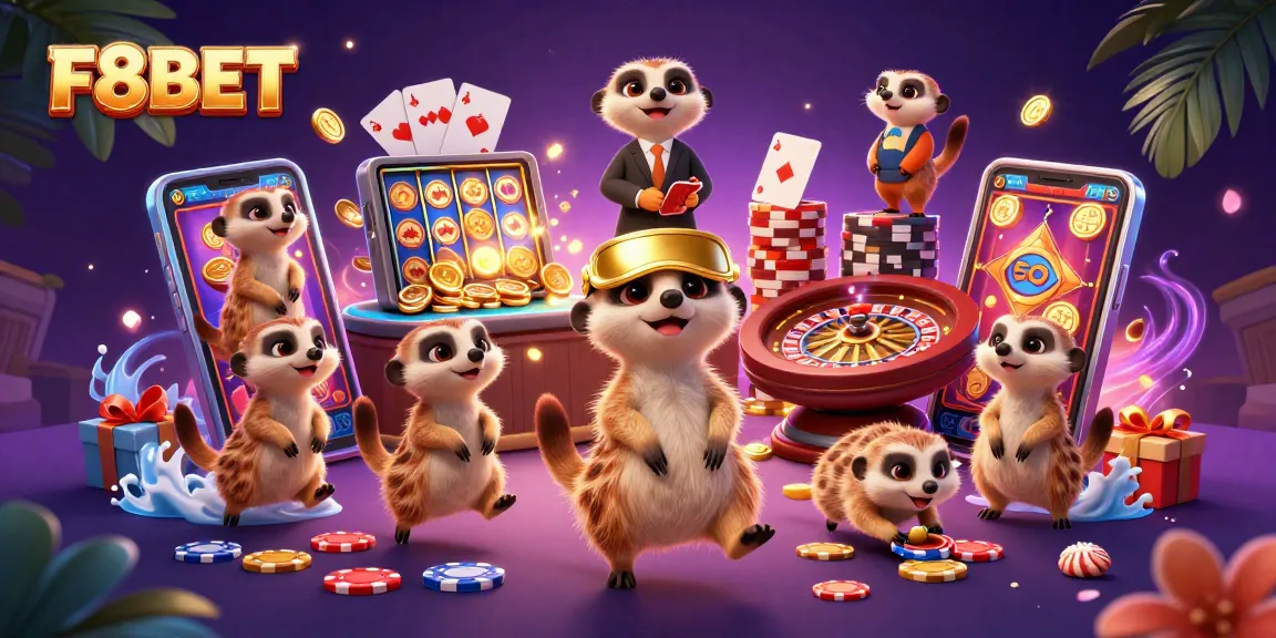Experience F8BET's vibrant casino world with meerkats engaging in thrilling games and chip excitement.