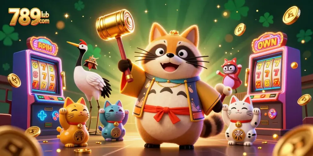 Play exciting games at 789club com with cheerful raccoon and vibrant slot machines in an engaging 3D scene.