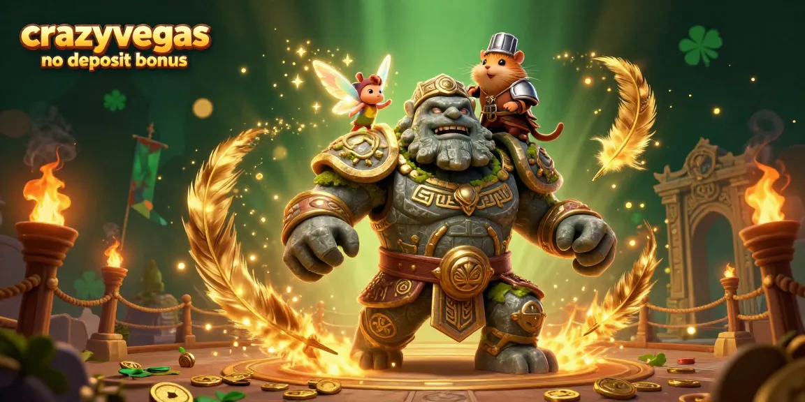 Win at crazyvegas no deposit bonus featuring a 3D golem, fairy, and hamster knight amidst casino elements.