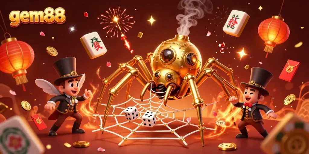 Experience thrilling action with gem88, featuring a golden spider and lucky elements in a vibrant casino scene.