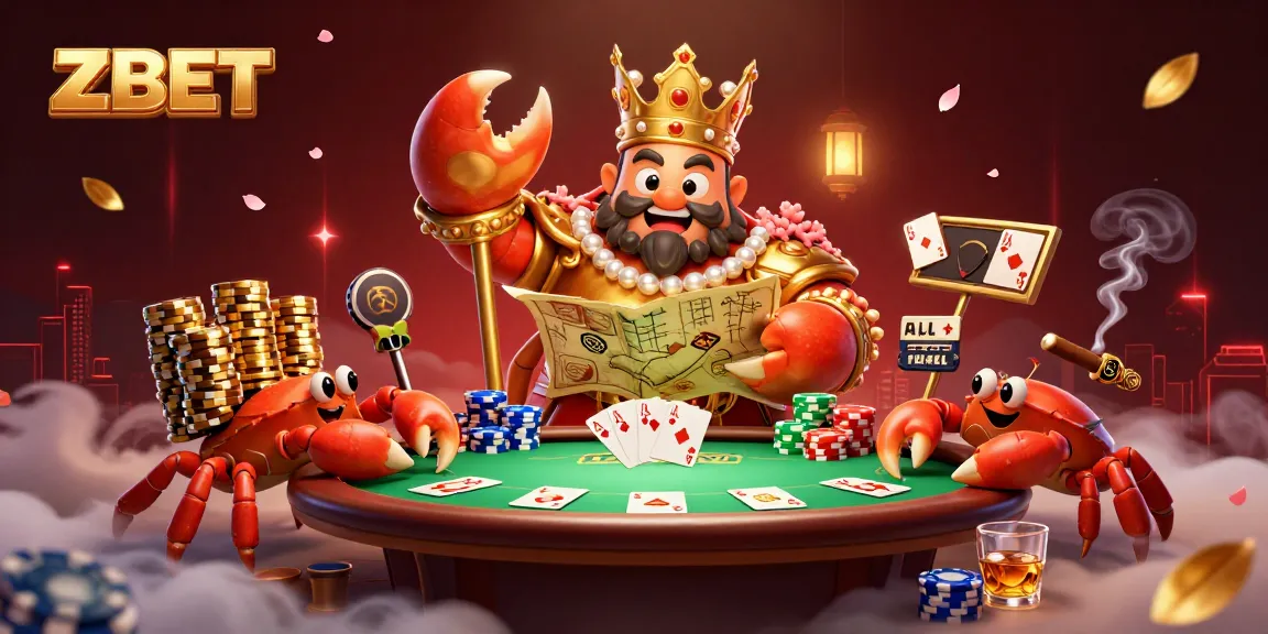 ZBET offers a regal 3D crab emperor overseeing a vibrant casino scene filled with poker and riches.