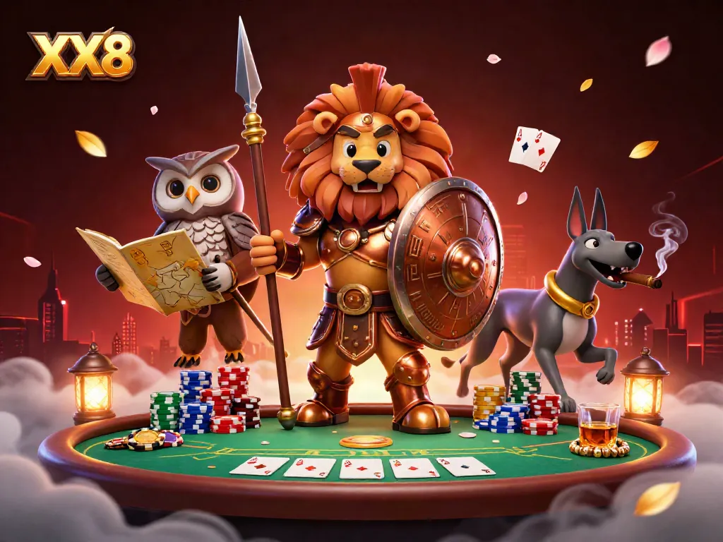 Experience the thrill of XX8 with a Spartan lion, tactical owl, and greyhound in a vibrant casino scene.
