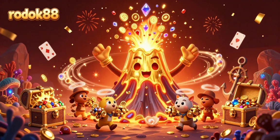 Join the treasure hunt with rokok88 as the golden volcano erupts coins and gems in a vibrant casino scene.