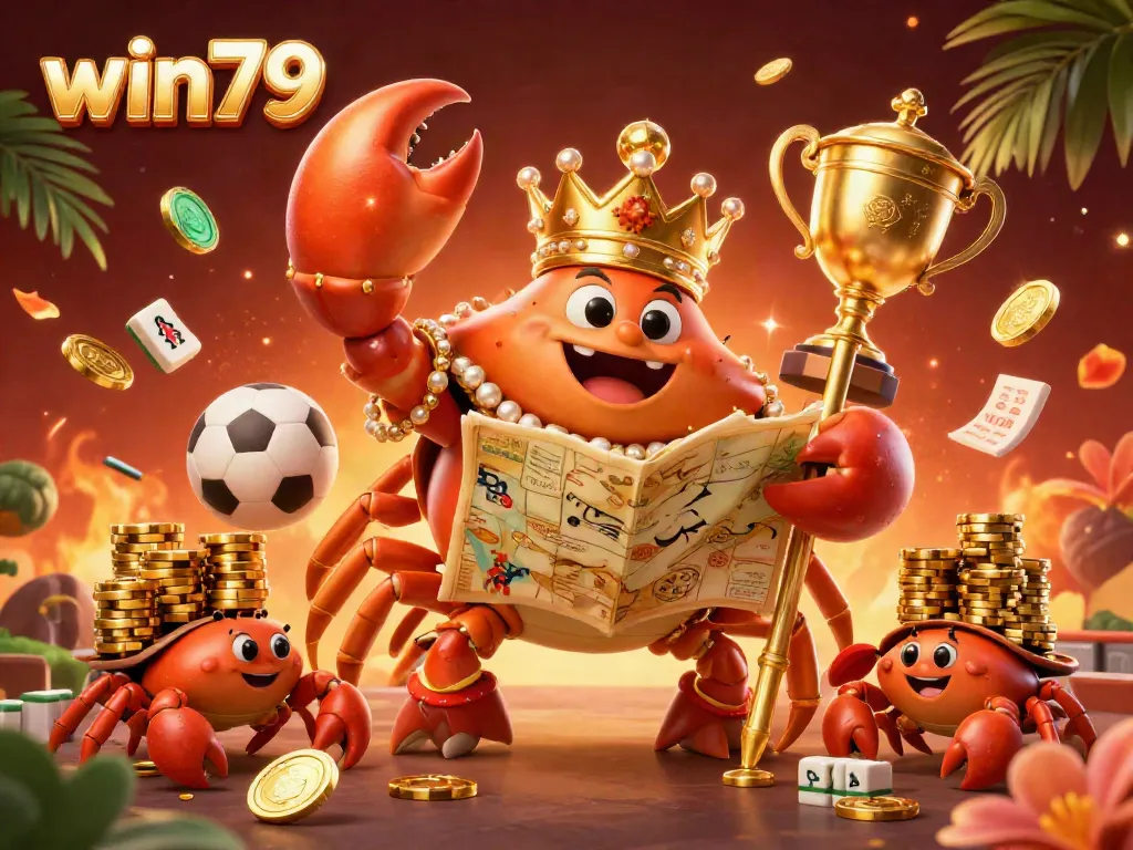 Engage in sports betting excitement with win79 featured in a vibrant 3D illustration of a golden crab emperor.