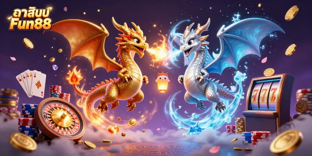 Engage with คาสิโน Fun88 as golden and silver dragons soar through a dynamic casino scene filled with vibrant gaming elements.