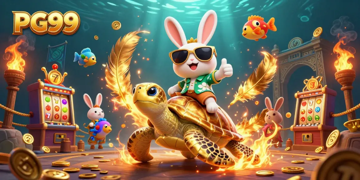 PG99 showcases a lucky rabbit and golden turtle in a vibrant casino scene filled with slot machines and colorful fish.