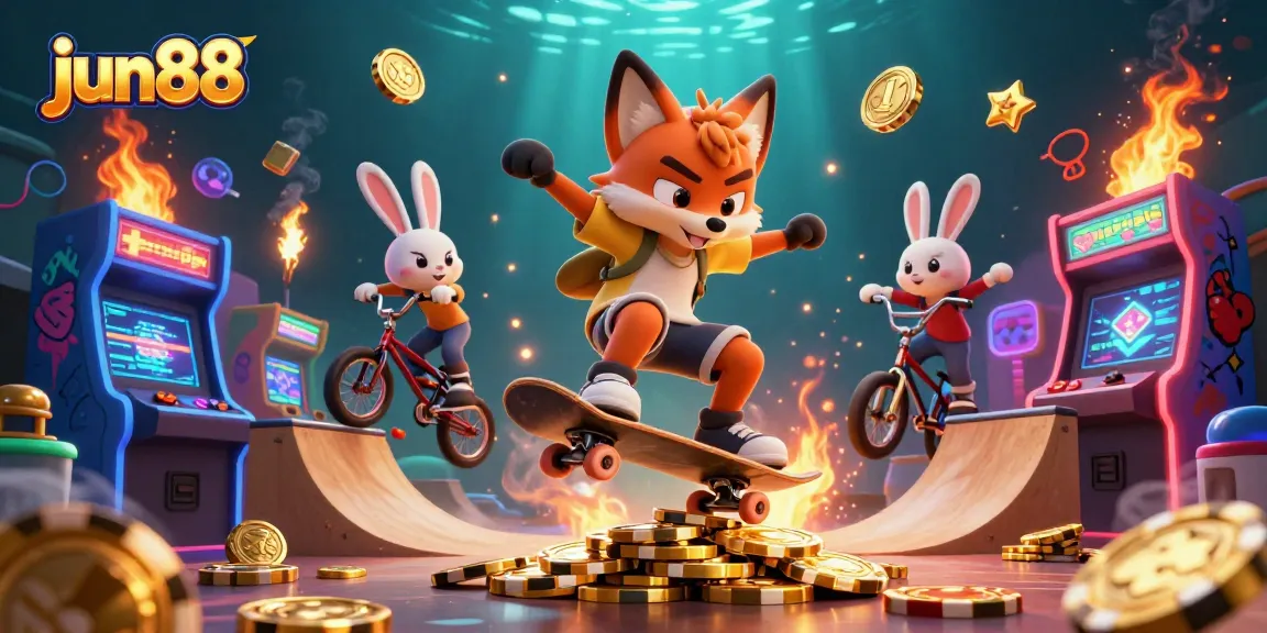 Experience the thrill of jun88 with a dynamic 3D illustration showcasing a skateboarder fox and BMX rabbit in a vibrant casino-themed scene.