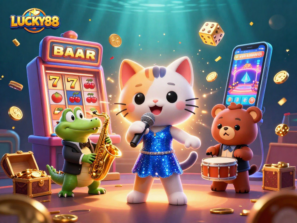 Experience LUCKY88 with a vibrant, animated casino scene featuring cartoon characters and jackpot elements.