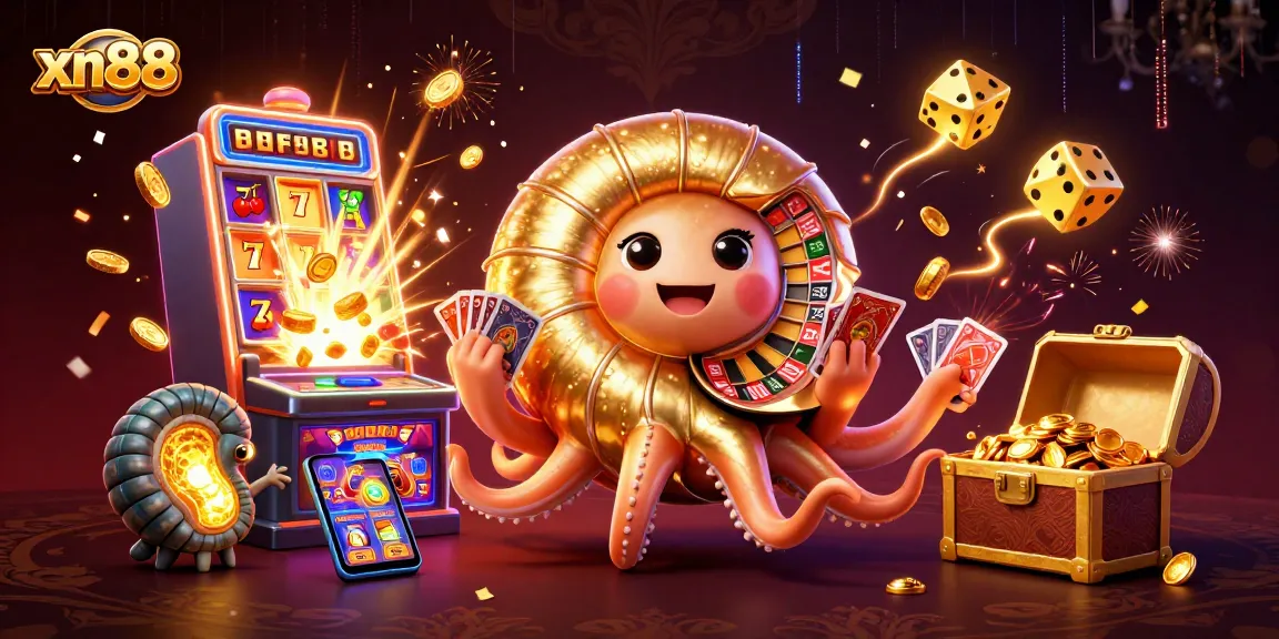 Win big at xn88 with a vibrant 3D casino scene featuring a golden nautilus roulette wheel.