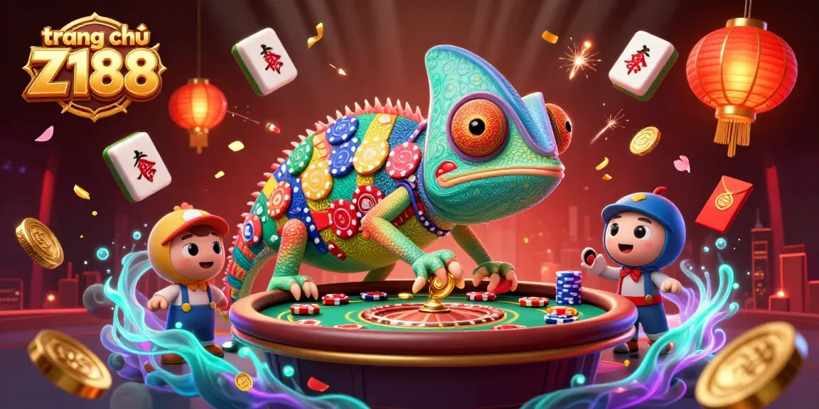 Engage with the vivid casino experience at trang chủ Z188 featuring a chameleon owner amidst winning symbols and elements.