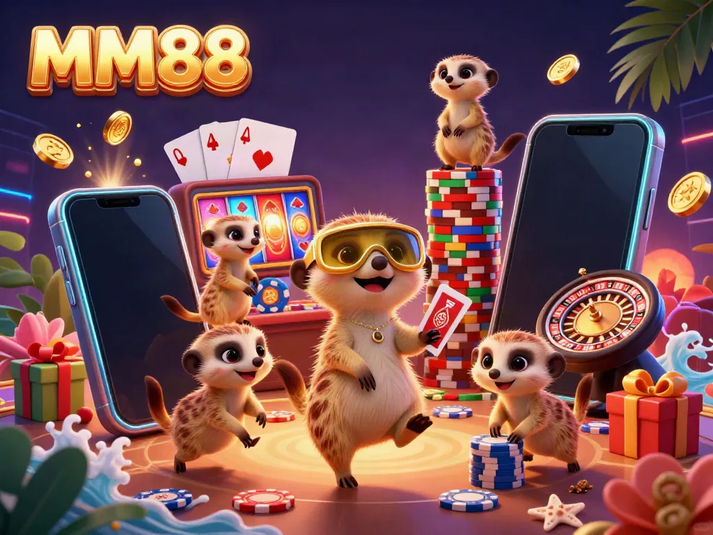 Experience the vibrant casino atmosphere with MM88's 3D meerkat characters engaging in lively gaming activities.
