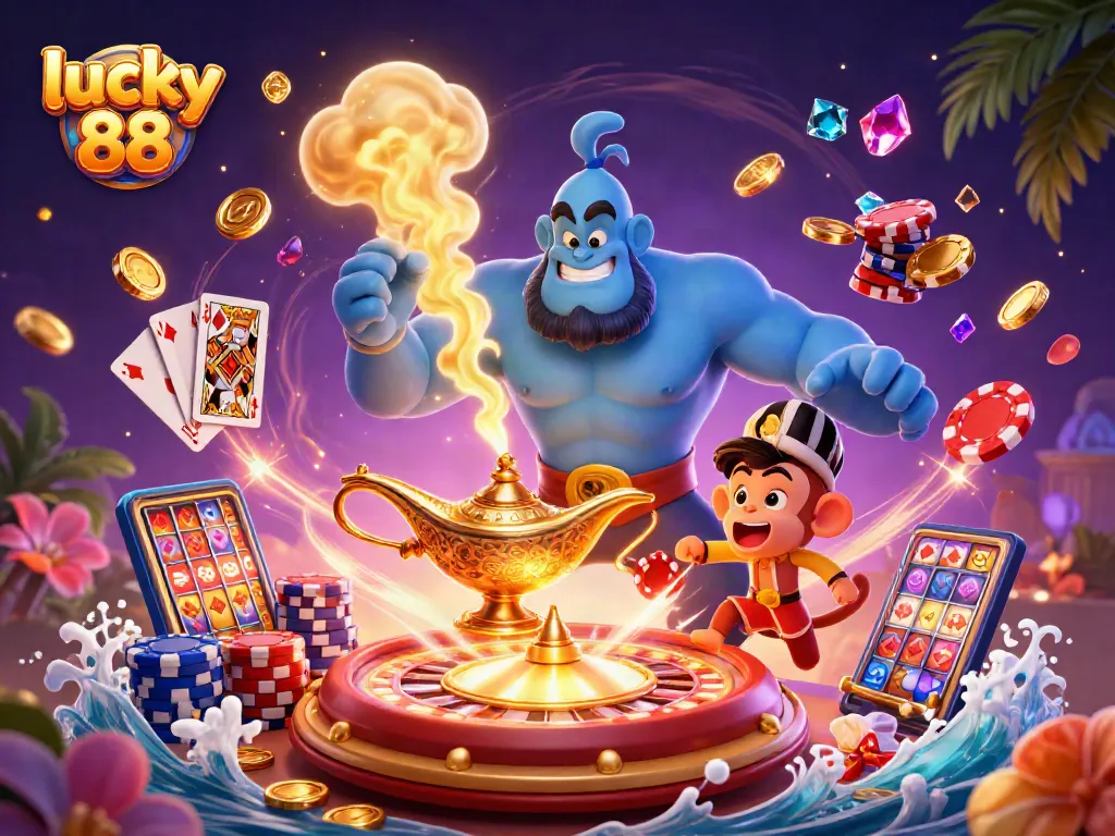 Experience luck with lucky 88 in an enchanting casino scene filled with gold coins and vibrant poker chips.