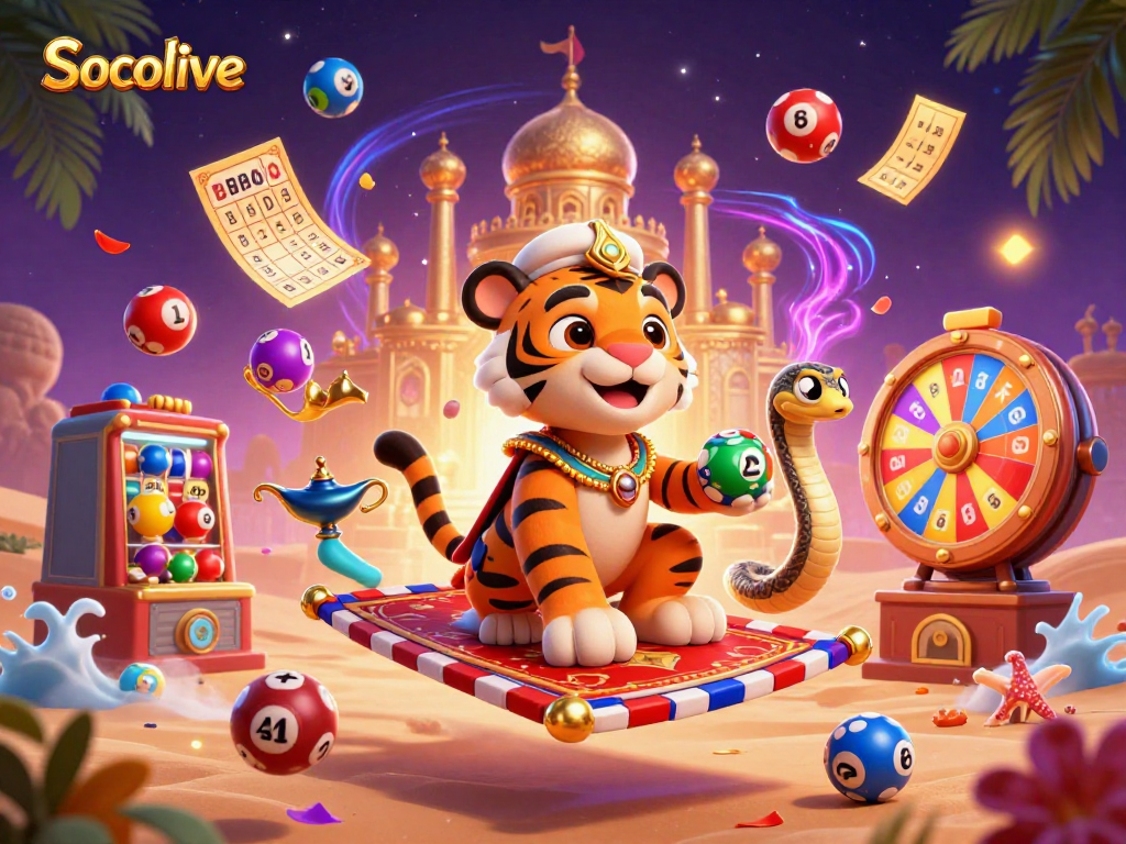 Socolive engages players with a vibrant 3D casino scene featuring a tiger sultan and genie amidst a dynamic lottery game.