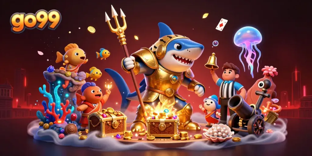 Experience thrilling gambling at go99 with a vibrant underwater scene featuring unique characters and casino elements.