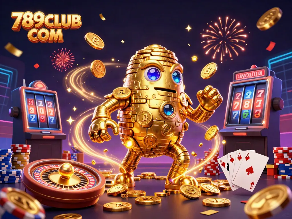 Experience thrilling games with 789CLUB COM as gold coins cascade around a dynamic casino scene.