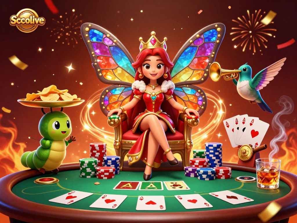 Socolive showcases a vibrant 3D casino illustration featuring a butterfly queen with poker elements.