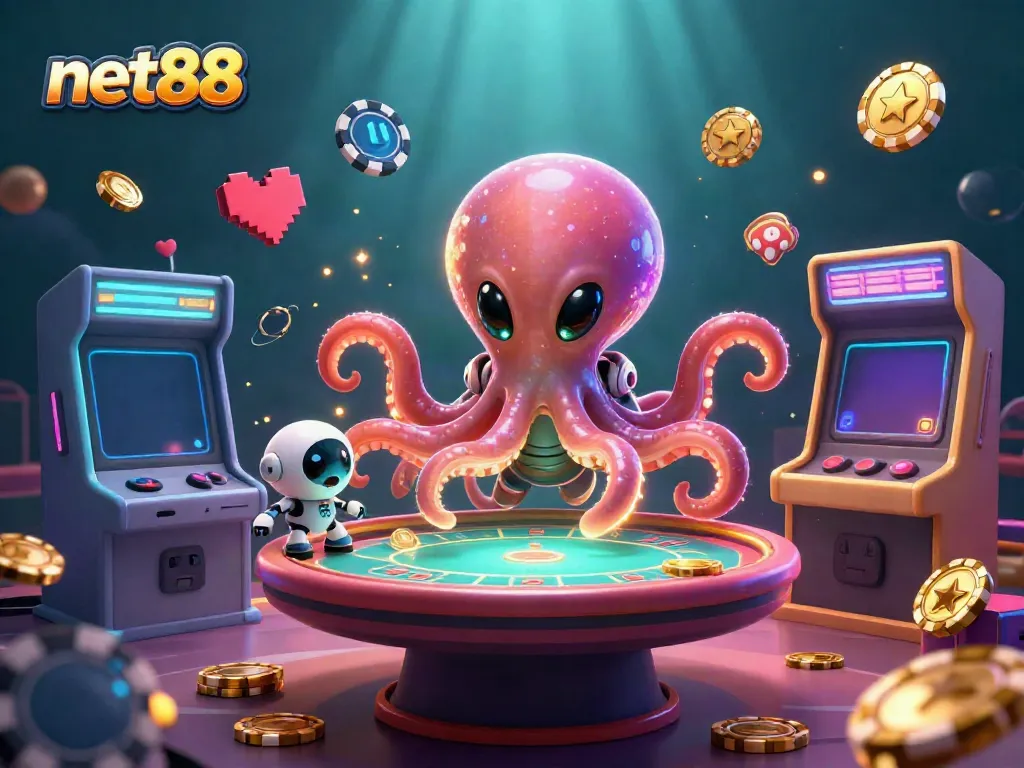 Join the fun at net88 with a colorful 3D alien octopus playing holographic poker.