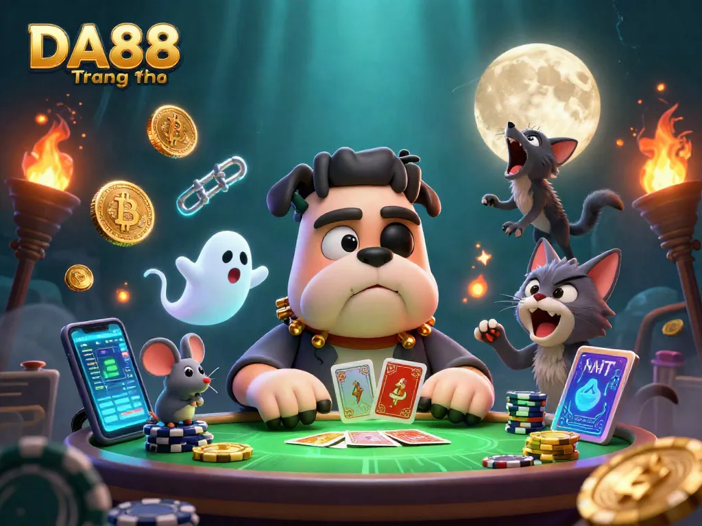 Engage in thrilling games on DA88 Trang chủ as a Frankenstein bulldog deals cards in a colorful casino atmosphere.