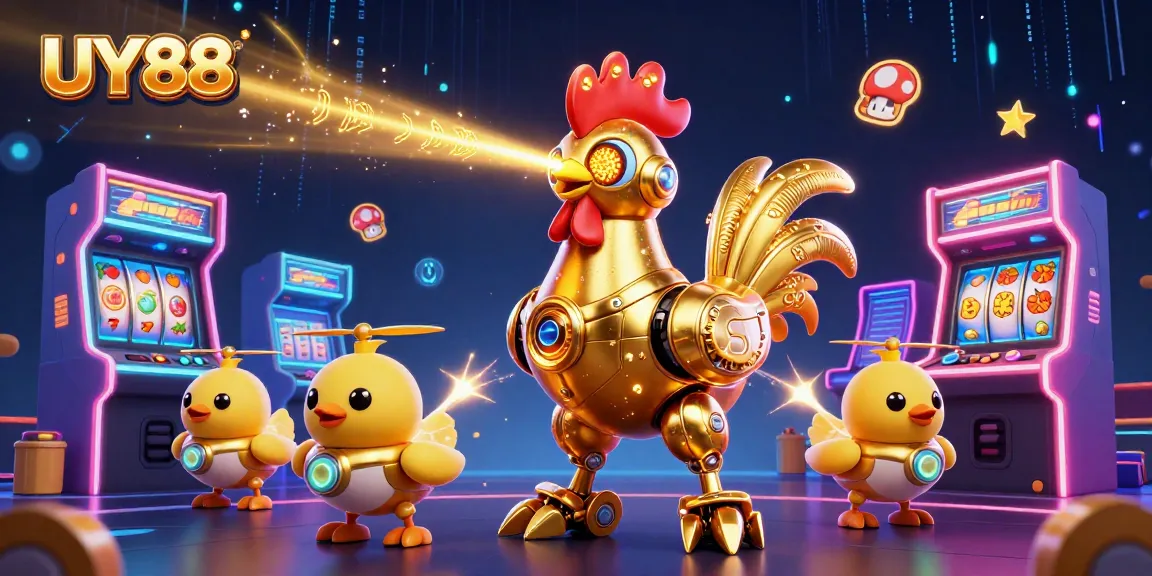 Experience UY88's vibrant casino gaming world with a futuristic rooster shooting lasers amidst arcade machines.