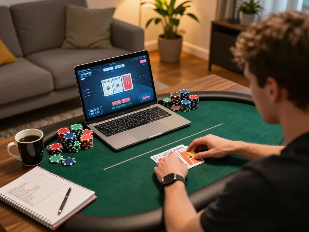 tr88 player focused on laptop showcasing intense online poker gameplay in a cozy living room