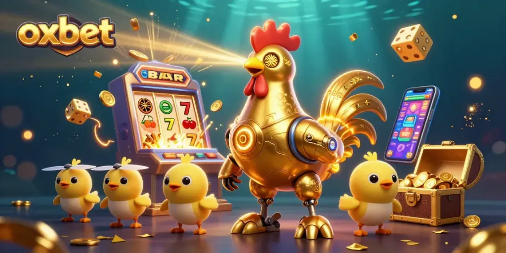 Engage with the excitement of oxbet, showcasing a vibrant casino scene with thrilling slot machine action and colorful game elements.