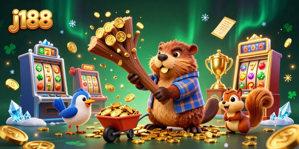 j188 casino scene with a beaver, bird and squirrel amidst golden coins and slot machines