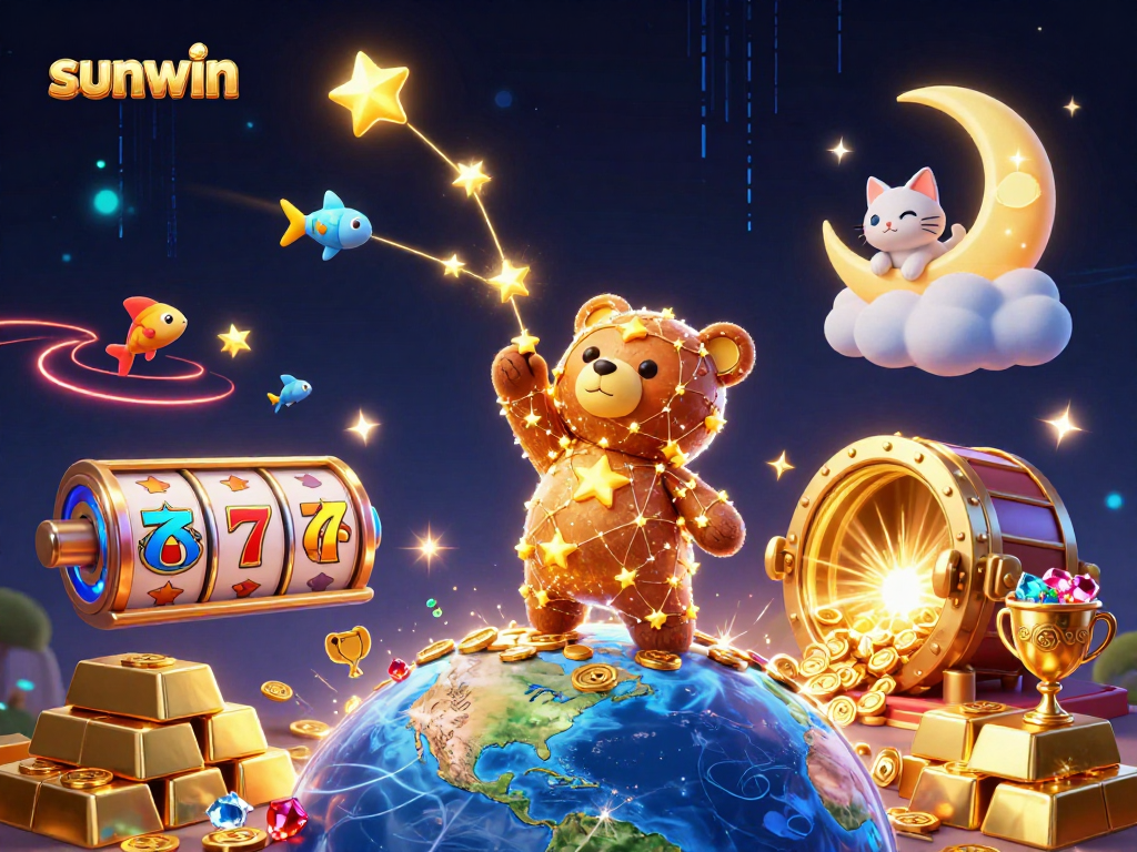 Play with sunwin in a vibrant casino scene featuring a constellation bear and slot reels
