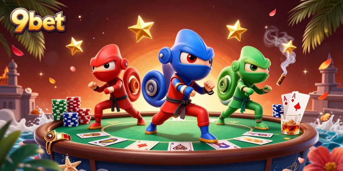 9bet chameleon ninjas engage in epic poker action amidst vibrant casino atmosphere.