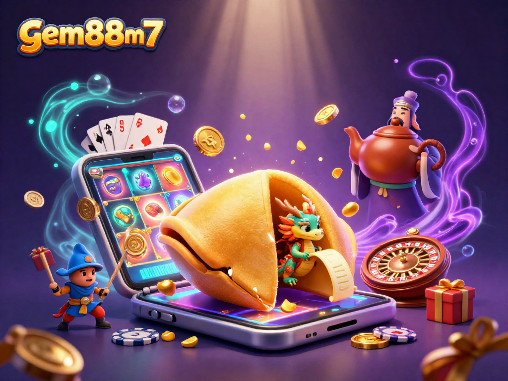 Experience thrilling wins at gem88m7 with our vibrant casino scene featuring animated characters and game elements.