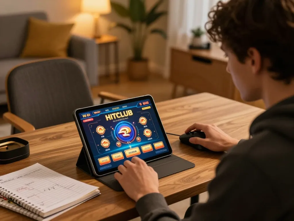 Engaged player strategizing on HITCLUB gaming platform while enjoying a cozy home atmosphere