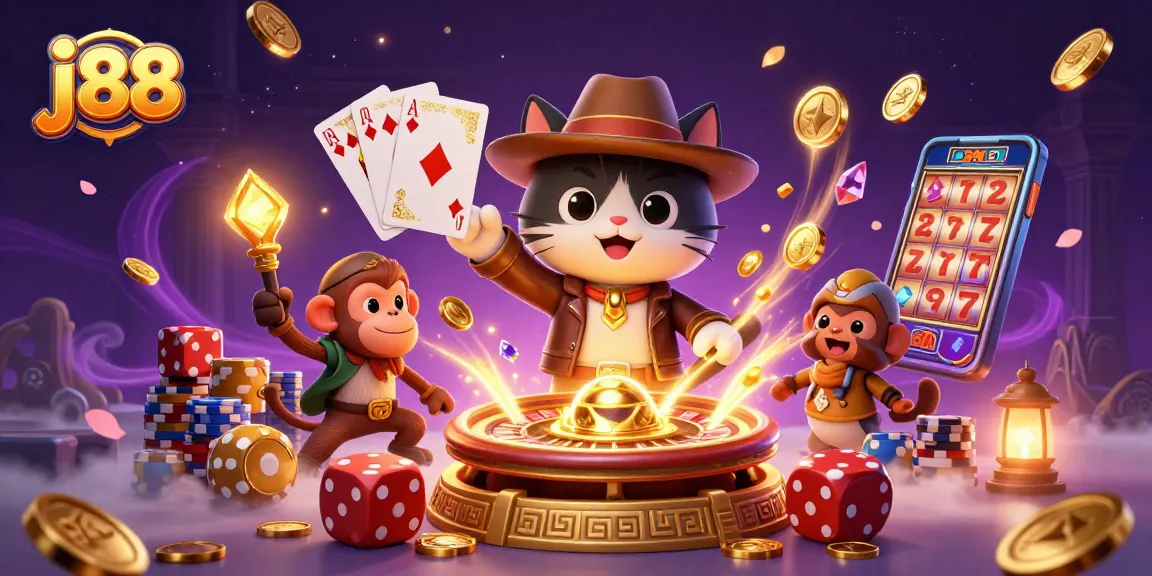 j88 illuminates gameplay with an archaeologist cat and a monkey amidst casino treasures.