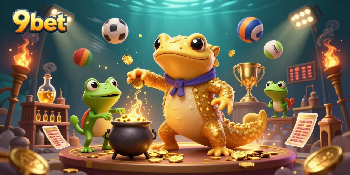 Experience the thrill of 9bet with dynamic casino action, sports, and golden treasures in one magical scene.