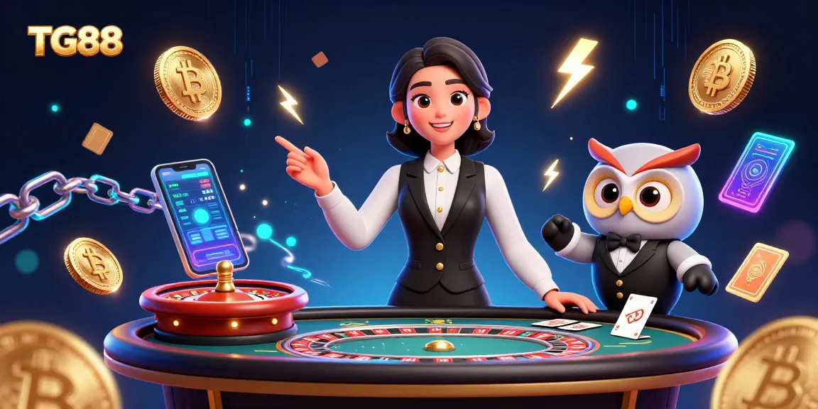 Engage in the thrilling TG88 casino experience with a friendly dealer and glowing crypto elements.
